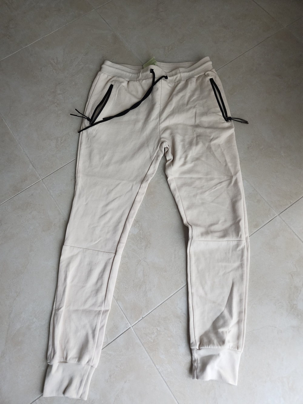 Article Men's Cream Sweatpants with Black Drawstrings and Zipper Accents